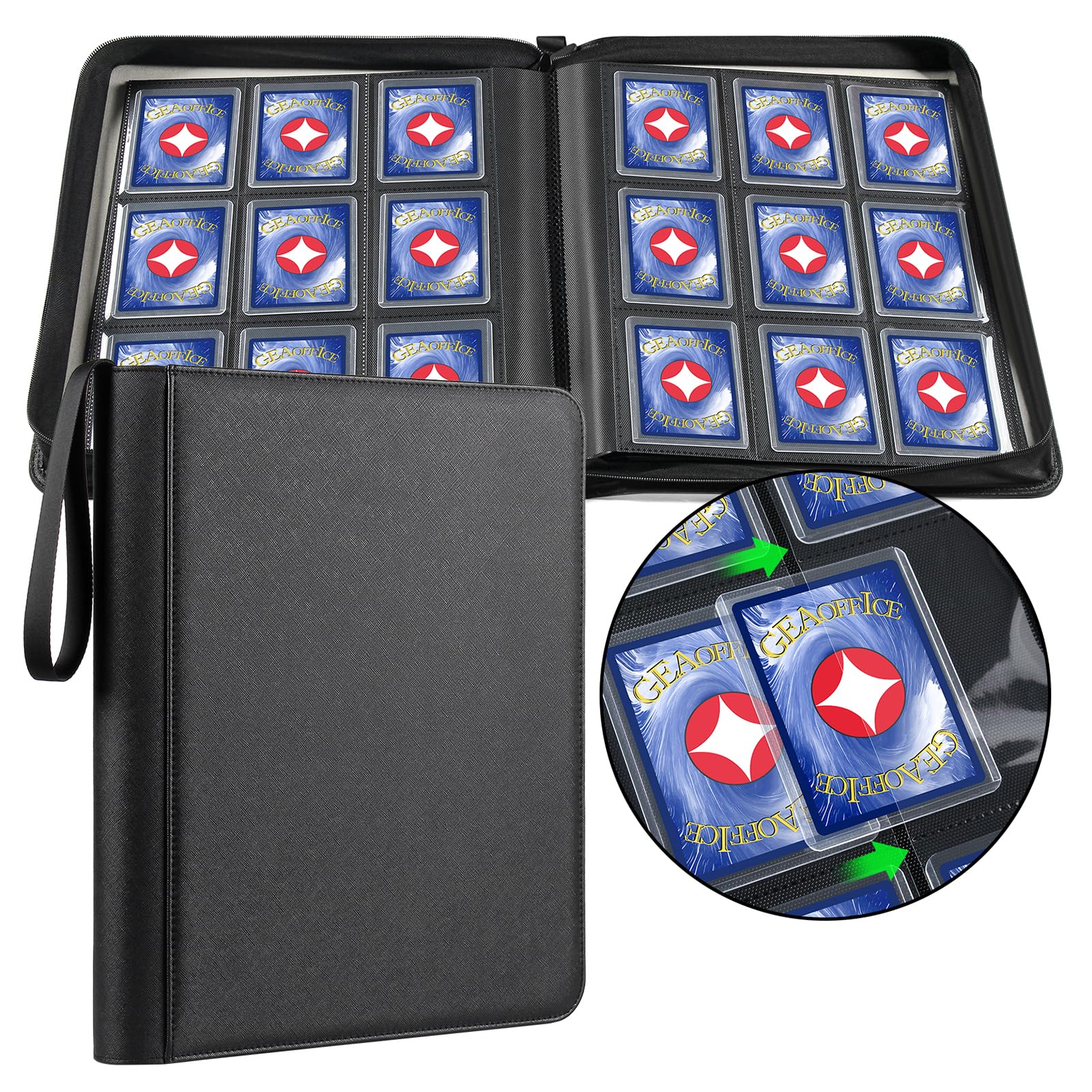 GEAoffice 9 Pockets Top Loader Binder for 324 Cards  enhanced PU Leather Side Loading Trading Card Binder for Toploader  Ringless Card Collection Album Holder for 3?4 Rigid  Black