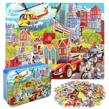 Lelemon Puzzles For Kids Ages 4-8 Vehicles Jigsaw Puzzles In A Metal Box For Kids Boys Girls 100 Pieces Fire Truck Ambulance Pol