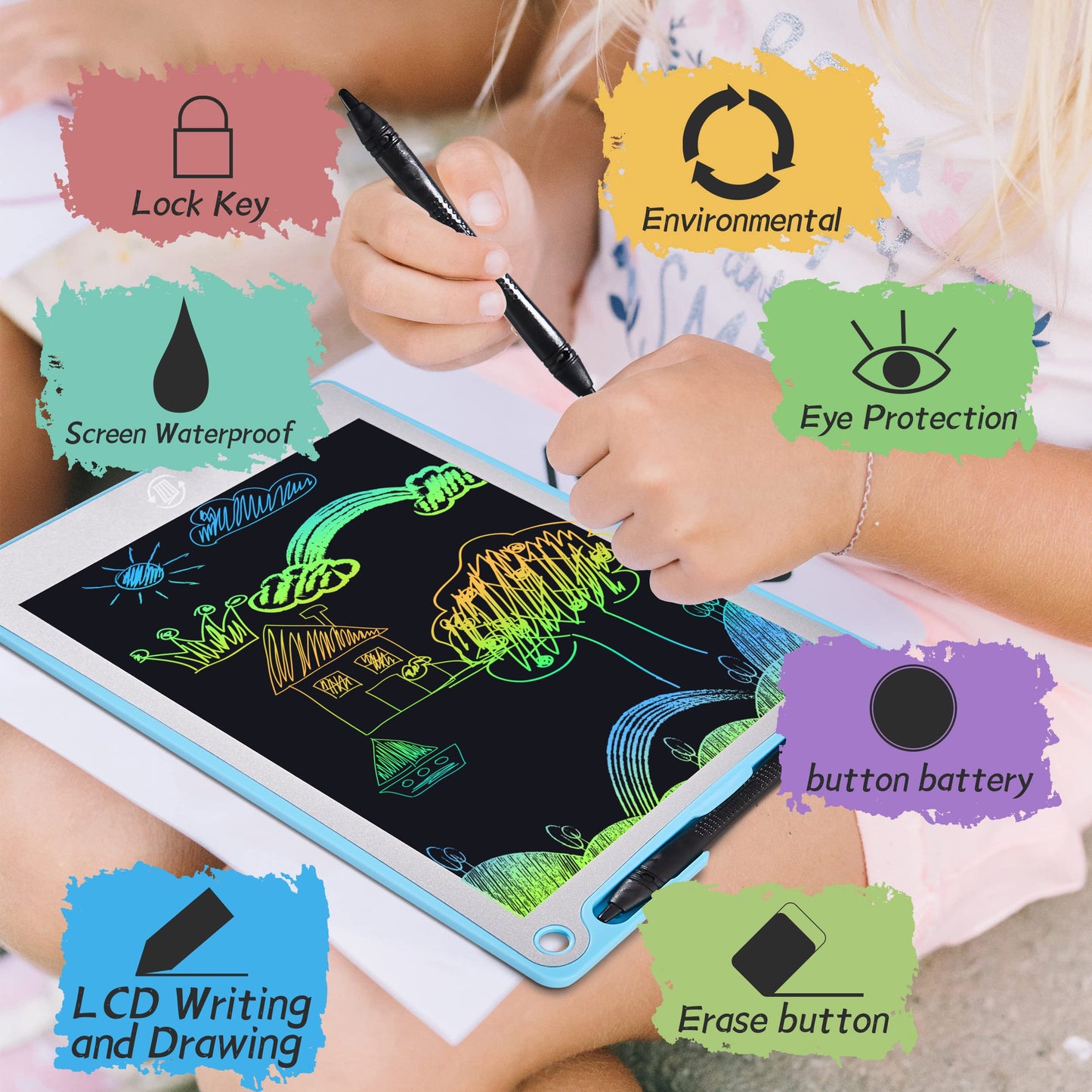 LCD Writing Tablet for Kids Set of 2 - Colorful Doodle Board - 10 Inch Erasable Reusable Drawing Pad- Orange Blue, Learning Toys