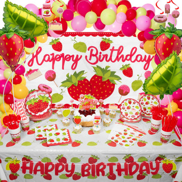 All-In-One 357 Pc Strawberry Party Decorations (Serves 24) Strawberry Party Supplies With Plates, Cups, Napkins, Tablecloth, Bal