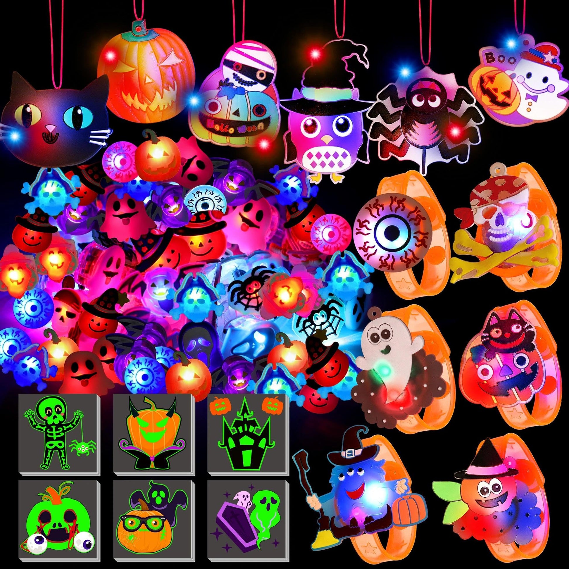 U-Goforst 88 PCS Halloween Party Favors for Kids, Glow in the Dark Light Up Bracelets Necklaces LED Rings Halloween Toys Bulk Cl