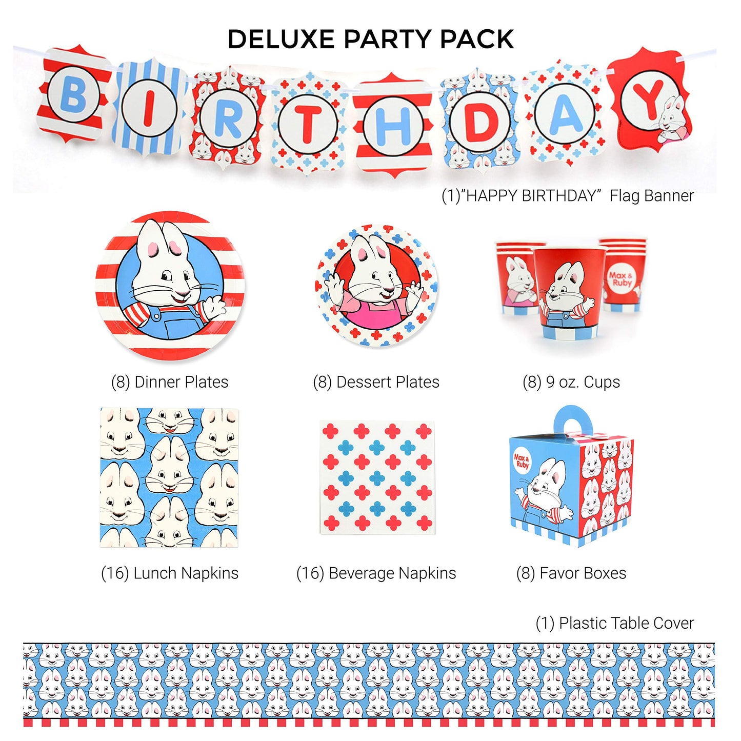 Max and Ruby Party Supplies Set - 66 Piece Standard Birthday Party Decoration Pack, Perfect for 8 Guests, by Prime Party