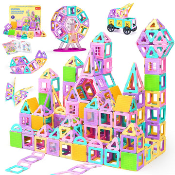 165 Pcs Magnetic Tiles Set, Magnet Building Blocks Set With Car, Alphabet Card, And Ferris Wheel For Kids, Stem Educational Mont