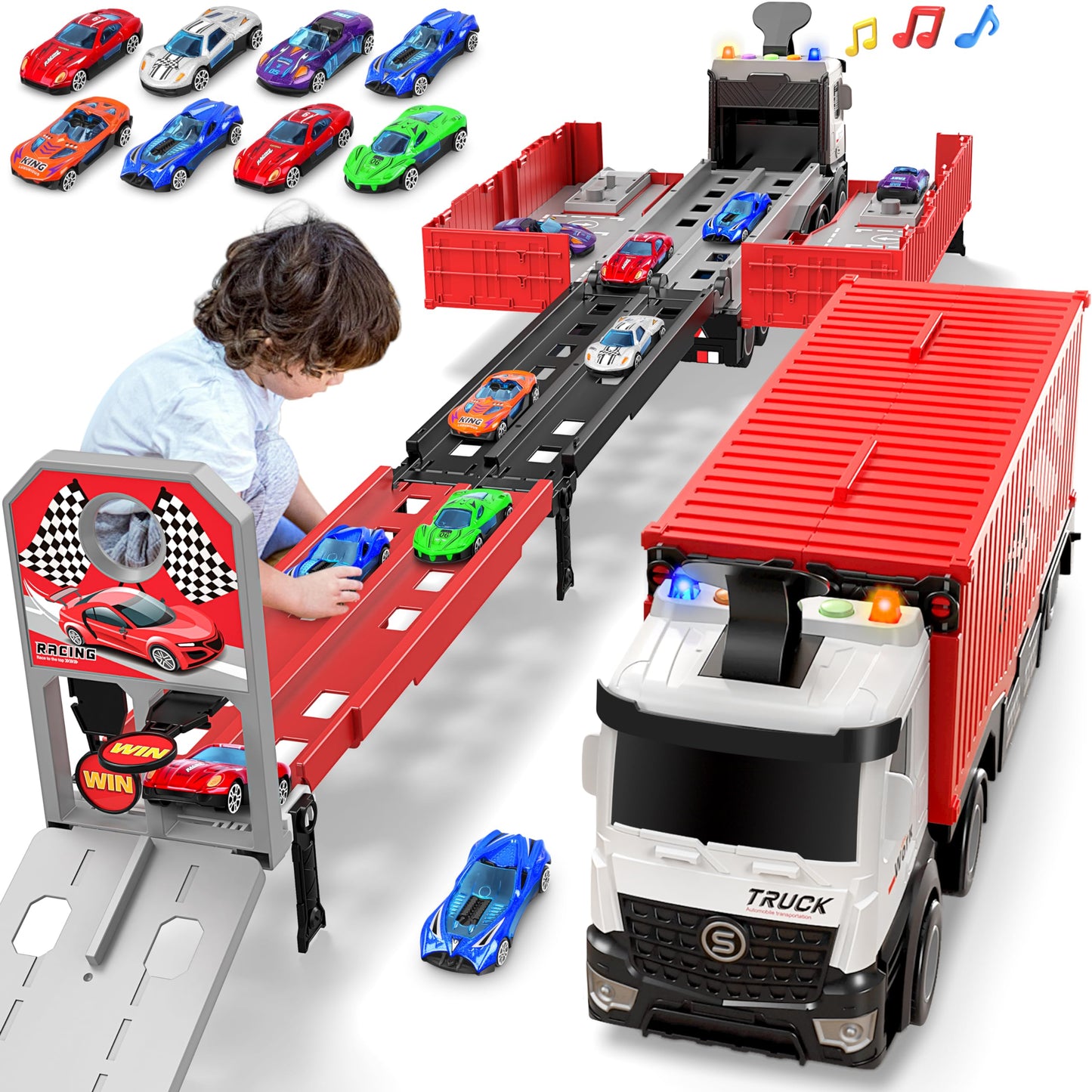Carrier Truck Race Track Kids Toys, Foldable 3 Layer Car Race Track Playset, Toy Truck Transport Car Carrier & 8 Race Cars, Truc