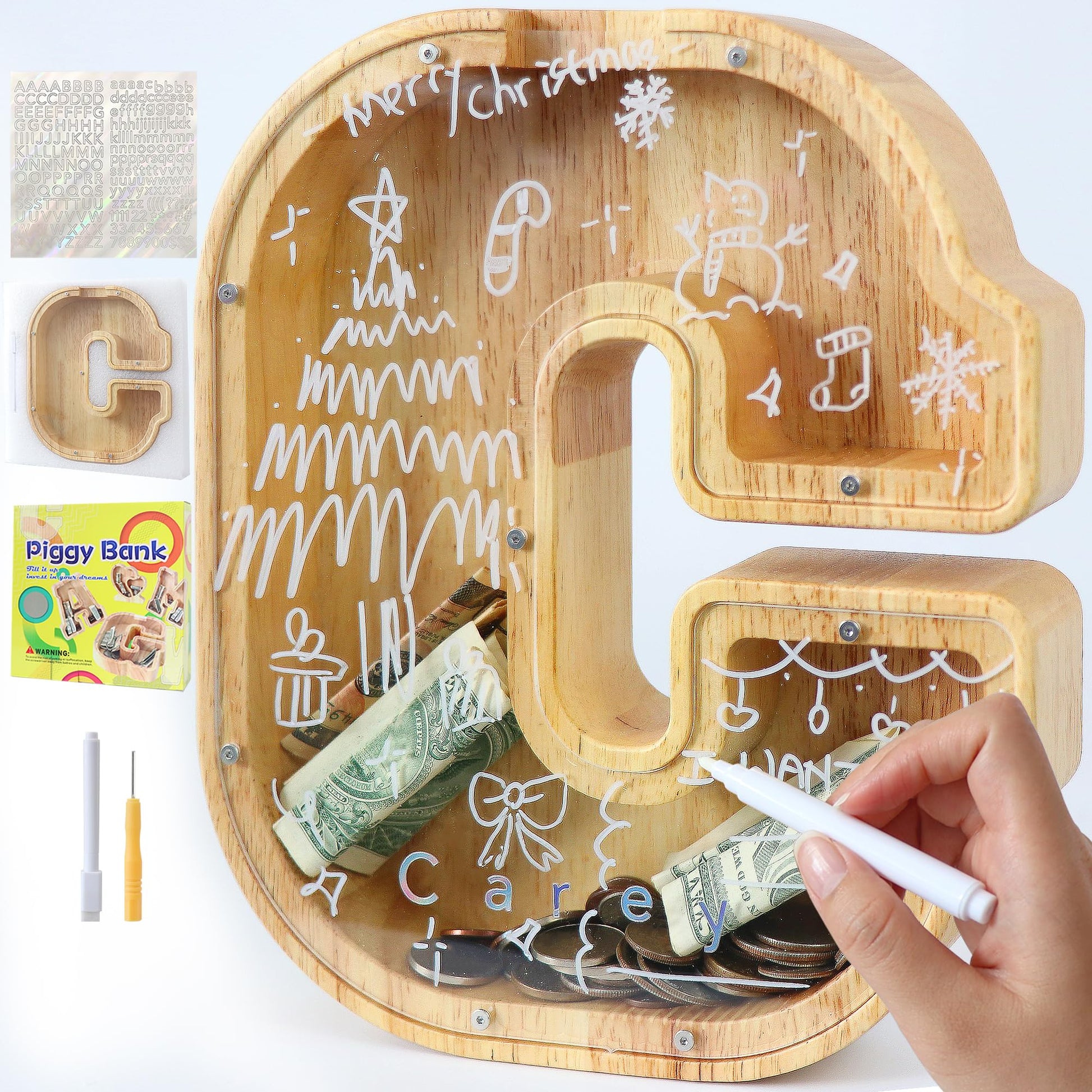 weallbuy Large Letter Piggy Bank for Kids Boys Girls Wooden Personalized Piggy Banks A-Z with Target Area Clear Alphabet Banknote Coin Banks for Gift Decoration Baptism (C)