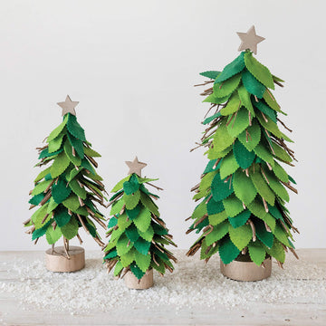 Creative Co-Op 5-1/4' Round X 8-1/2'H Wool Felt Tree With Twigs, Star & Wood Base, Green