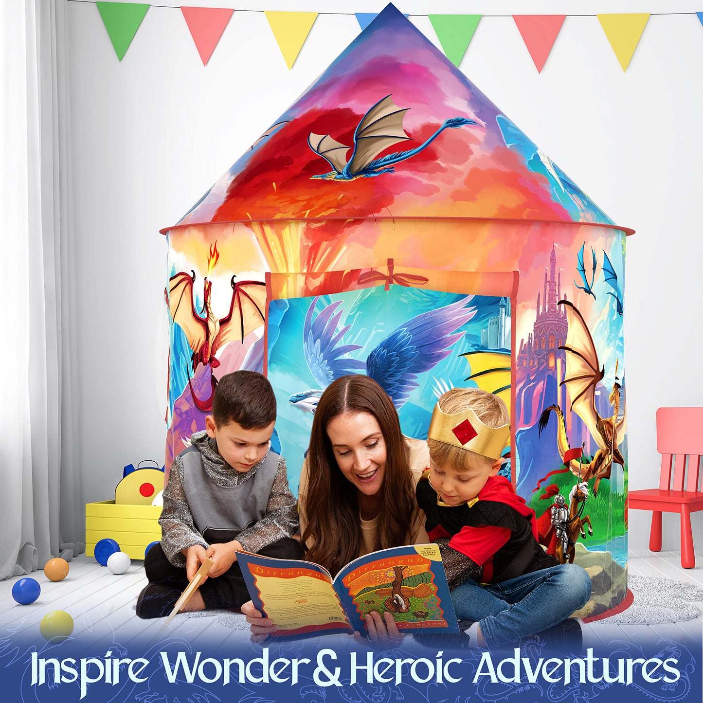 W&O Dragon Hero Play Tent with Roar Button - Epic Pop Up Tent for Boys & Girls - Perfect for Indoor & Outdoor Adventures