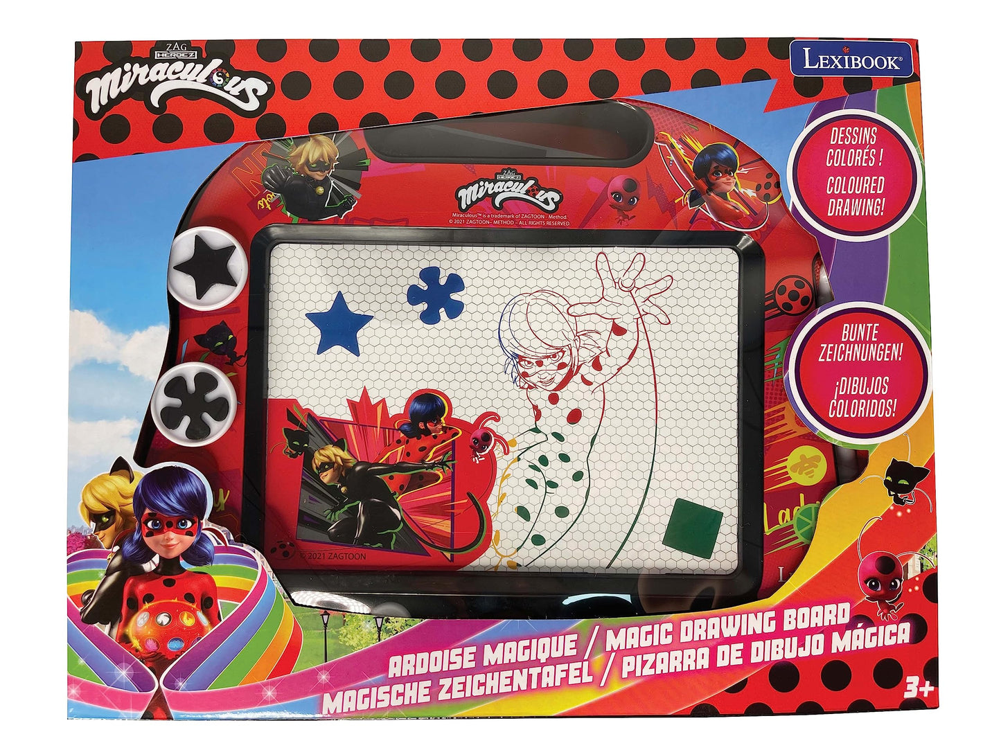 LEXiBOOK, Miraculous Ladybug Cat Noir, Multicolor Magic Magnetic Drawing Board, Artistic Creative Toy for Girls and Boys, Stylus