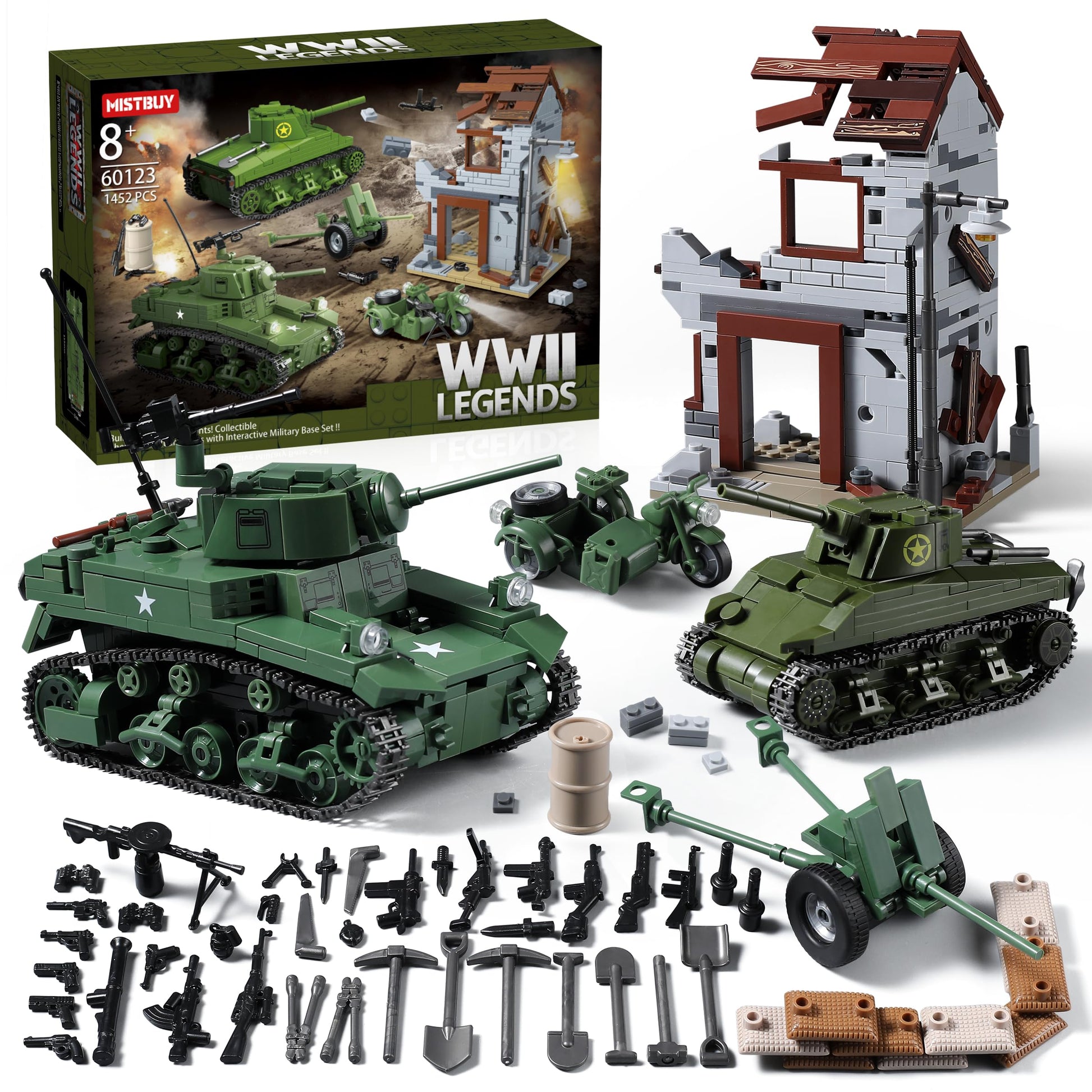 WW2 Army Tank Toys Building Sets Compatible with Lego (1452 Pieces)  Includes Military Base  US Sherman & Stuart Tanks  Towed Howitzer  Motorcycle and   Great Military Toy Gifts for Boys Kids