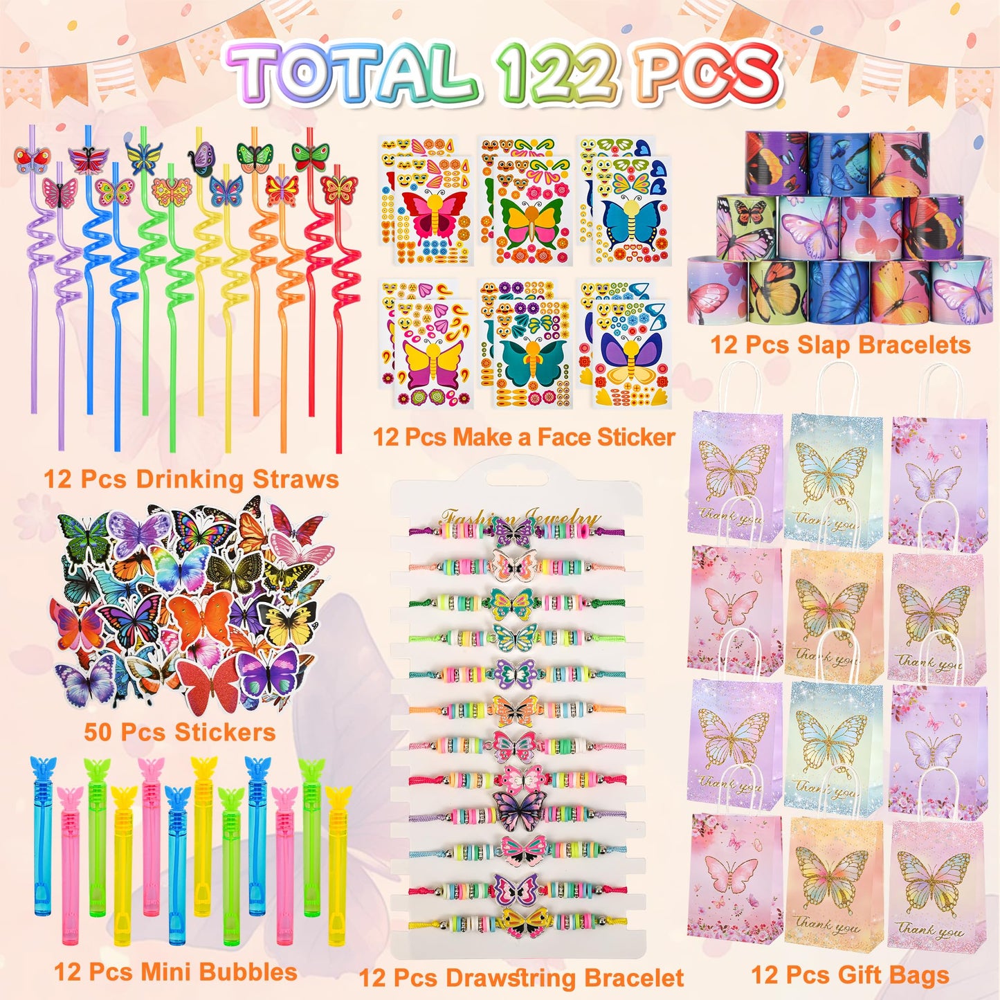 LiYiQ 122 Pcs Butterfly Party Favors included Straw Slap Bracelets Make Your Own Butterfly Stickers and Gifts Bags for Butterfly