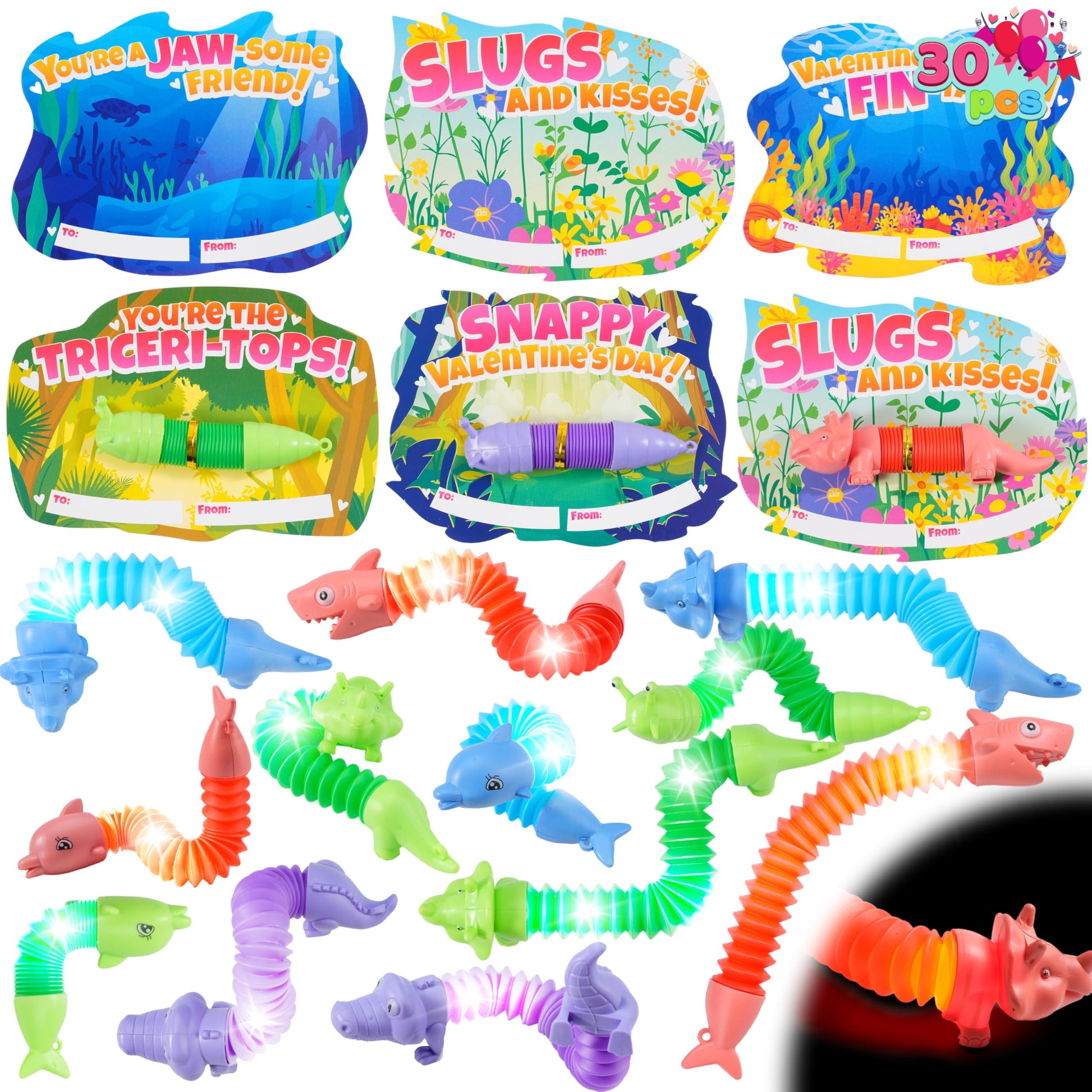 Joyin 30 Packs Valentines Day Led Animal Pop Tubes Fidget Toys, Stretchy Tube Stress Relief Fidget Toy For Kids Valentine'S Scho