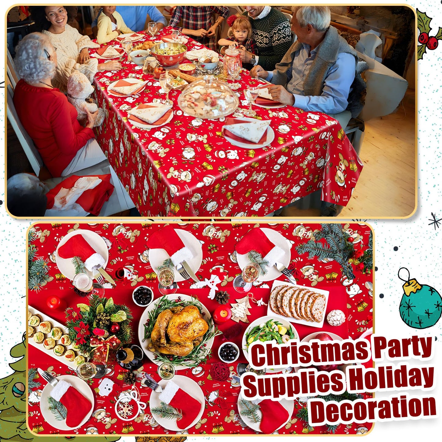 Newwiee 3 Pack Christmas Tablecloths 108 x 54 Inch Disposable Plastic Rectangle Table Cover Holiday Waterproof Tablecloth for Ch