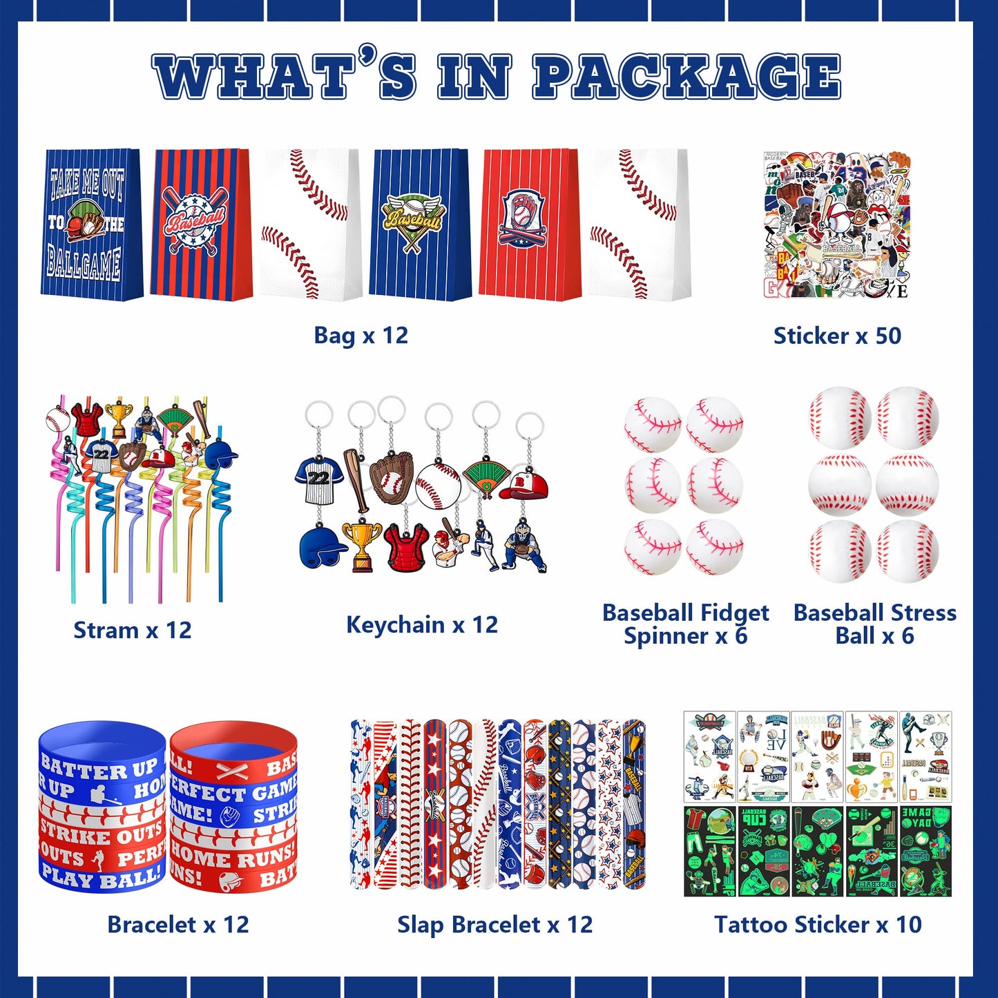 DMIGHT Baseball Party Favors Set, 132PCS Goodie Bags, Stickers, Keychains, Blue and Red, Model BASEBALL W2, Birthday Decorations
