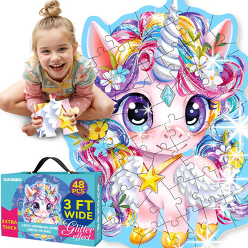 Quokka Glitter Floor Puzzles For Kids Ages 3-5 - 2X3 Ft 48 Pcs Puzzles For Toddlers 2-4 - Shaped Large Giant Educational Toddler Puzzles Ages 24+ Months - Unicorn Toy Activity Game For Boys And Girls