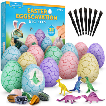 Blue Marble Easter Eggscavation Dig Kit - 12 Easter Egg Dig Bricks With Real Gemstones & Glow In The Dark Dinosaur Figures, Incl