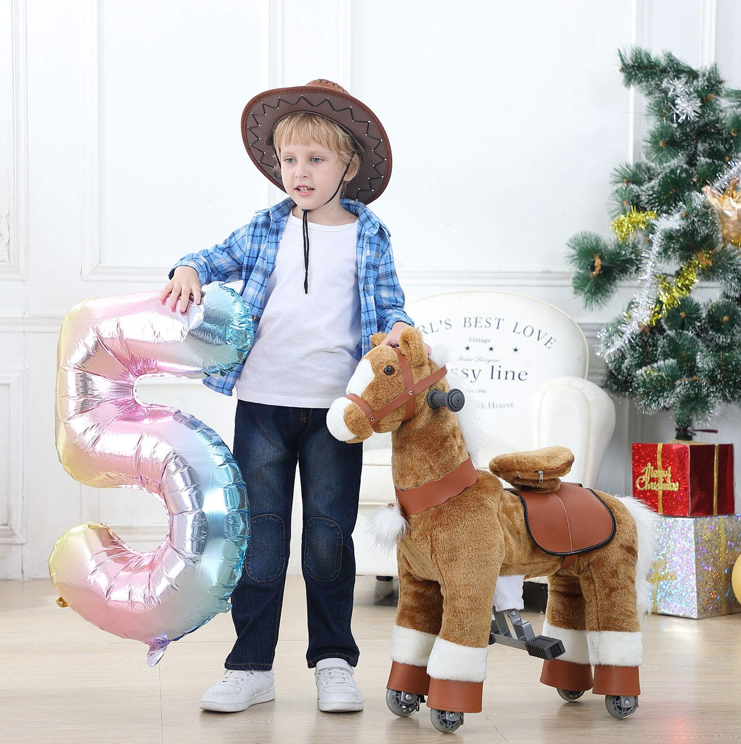 JoJoPooNy Ride on Horse Toy  Kids Ride on Toy for 3-6 Years Old  enhanced Riding Horse Plush Animal Toy  Walking Horse Toy with Wheels (27 Inch Height)