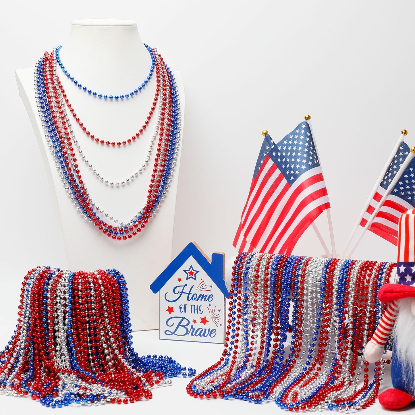 Huskein 120 Pcs 4Th Of July Necklace, 33'' Red Silver Blue Metallic Beaded Necklaces, Independence Day Party Accessories Patriot