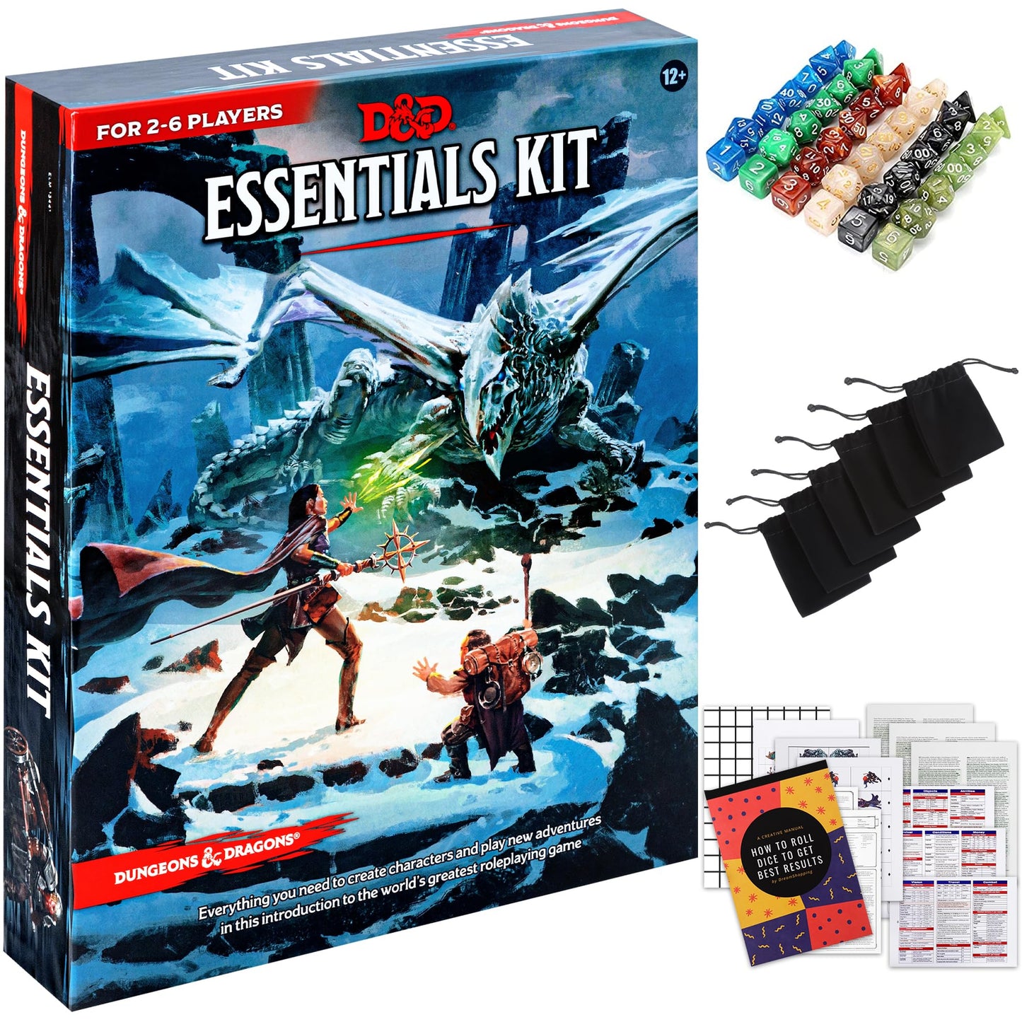 CraftyCrocodile Dungeons and Dragons Essentials Kit - Starter Set with 6 Dice, Figures, Master Screen, Printable Materials - DND 5th Edition