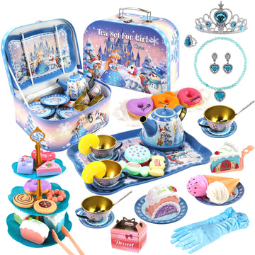 Motiloo Tea Party Set for Little Girls, 58Pcs Princess Tea Set Play Kitchen Toy with Dessert, Doughnut, Carrying Case for Birthd