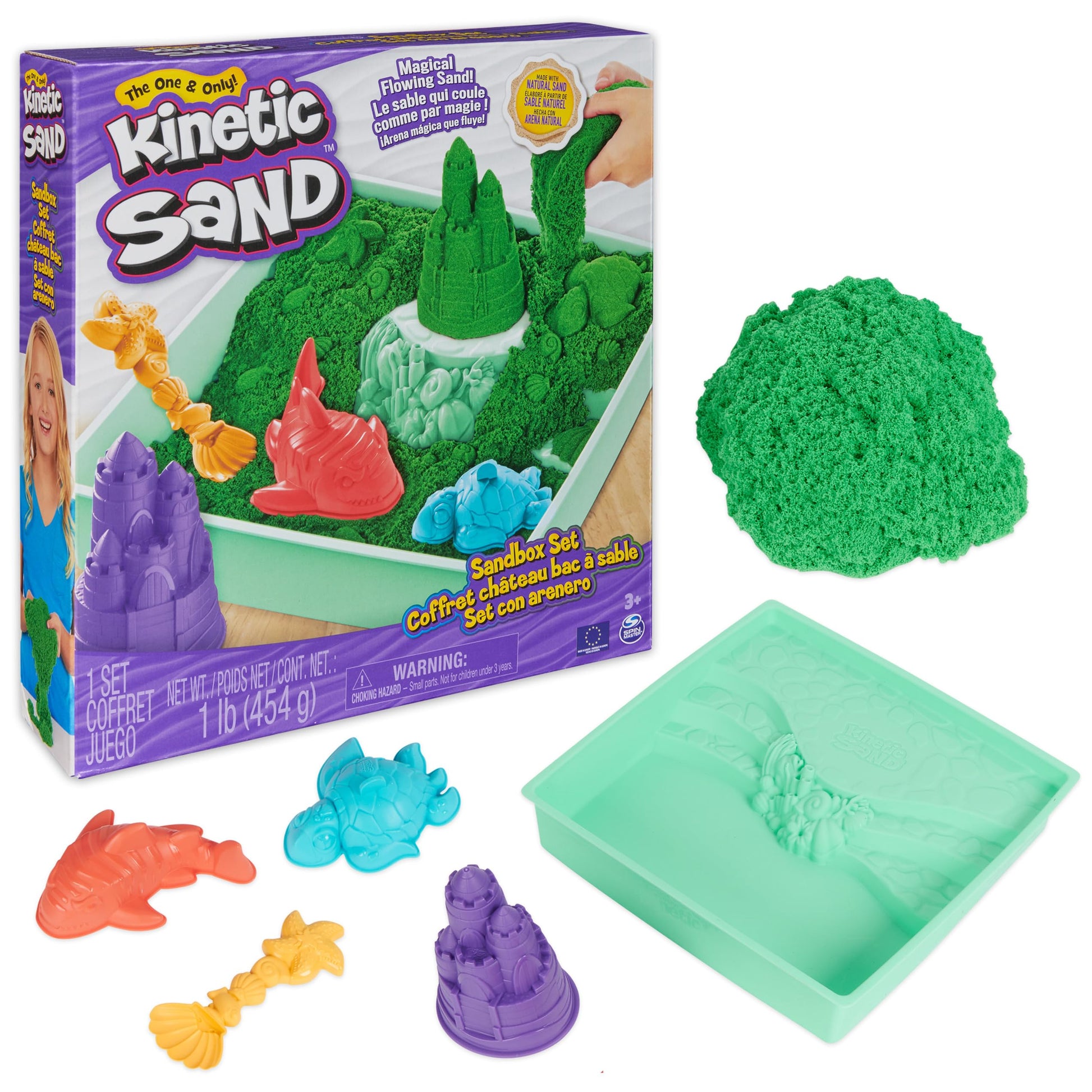 Kinetic Sand, Sandbox Set with 1lb Green Play Sand, 4 Tools & Molds, Storage, Sensory Toys for Kids Ages 3 and up