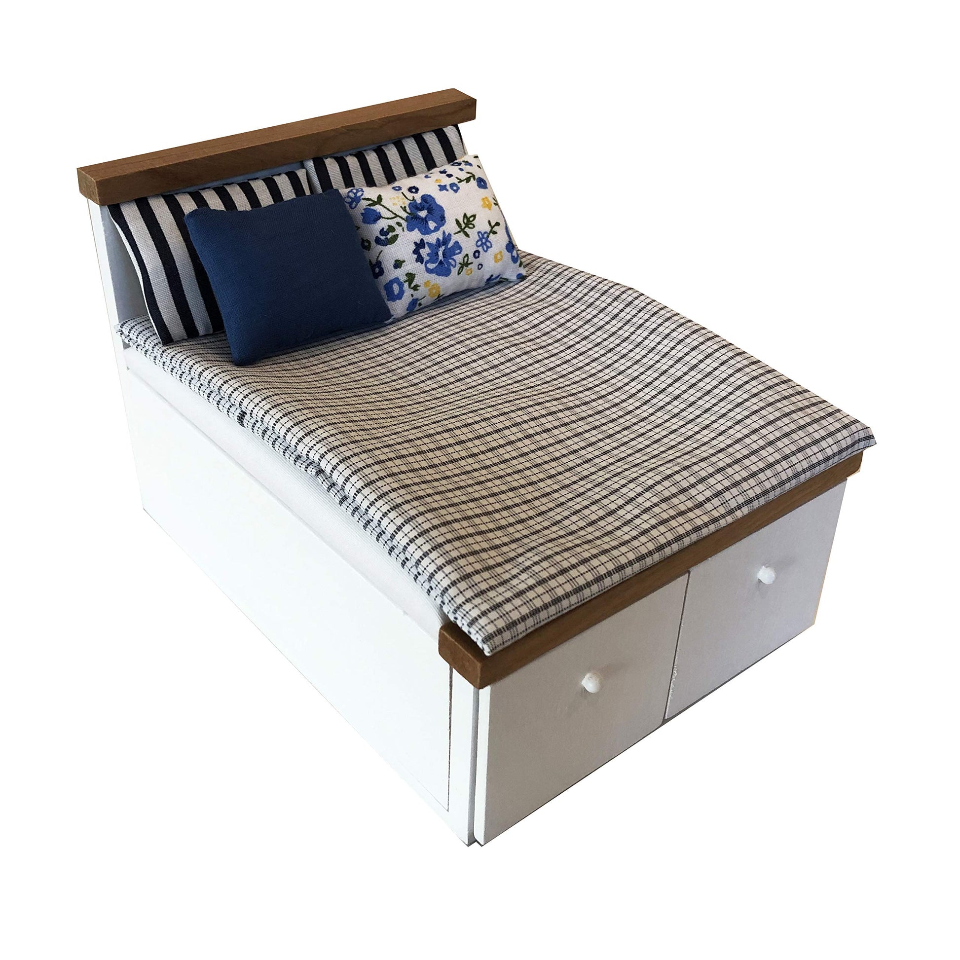 Dollhouse Furniture Queen Bed Set, Mini Bedroom Accessories For 6 Inch Dolls, Grey Bedding, White Wooden Frame, 1/12 Scale