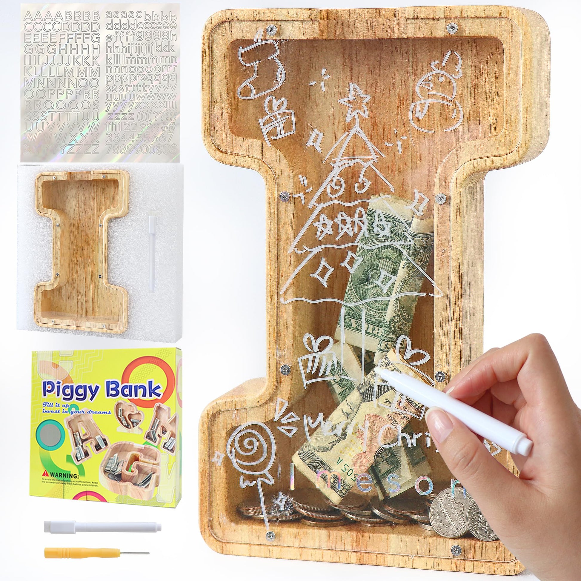 weallbuy Large Letter Piggy Bank for Kids Boys Girls Wooden Personalized Piggy Banks A-Z with Target Area Clear Alphabet Banknote Coin Banks for Gift Decoration Baptism (I)