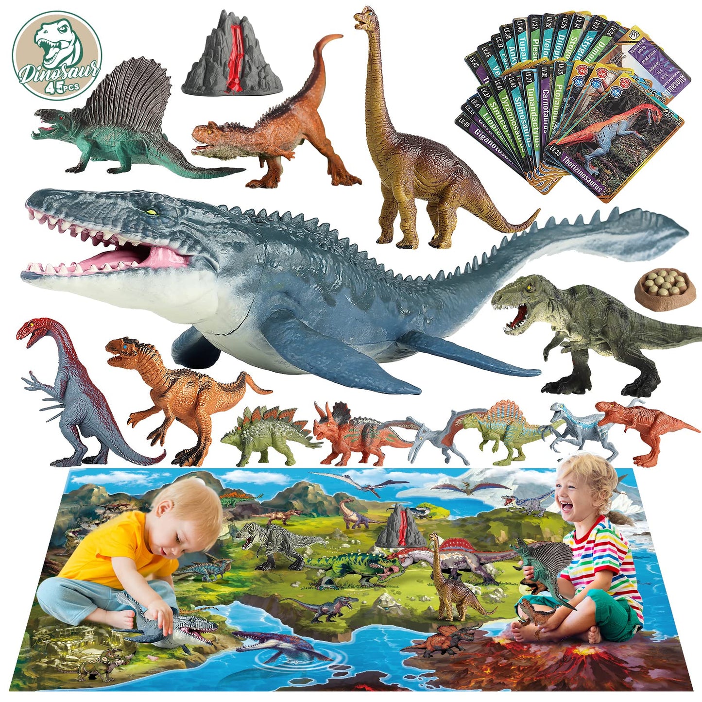 Oriate Dinosaur Toys Playset with Large Mat, 45 Pieces, Realistic Mosasaurus, T-Rex, Spinosaurus, Plastic, Great Gifts for Kids 3-7