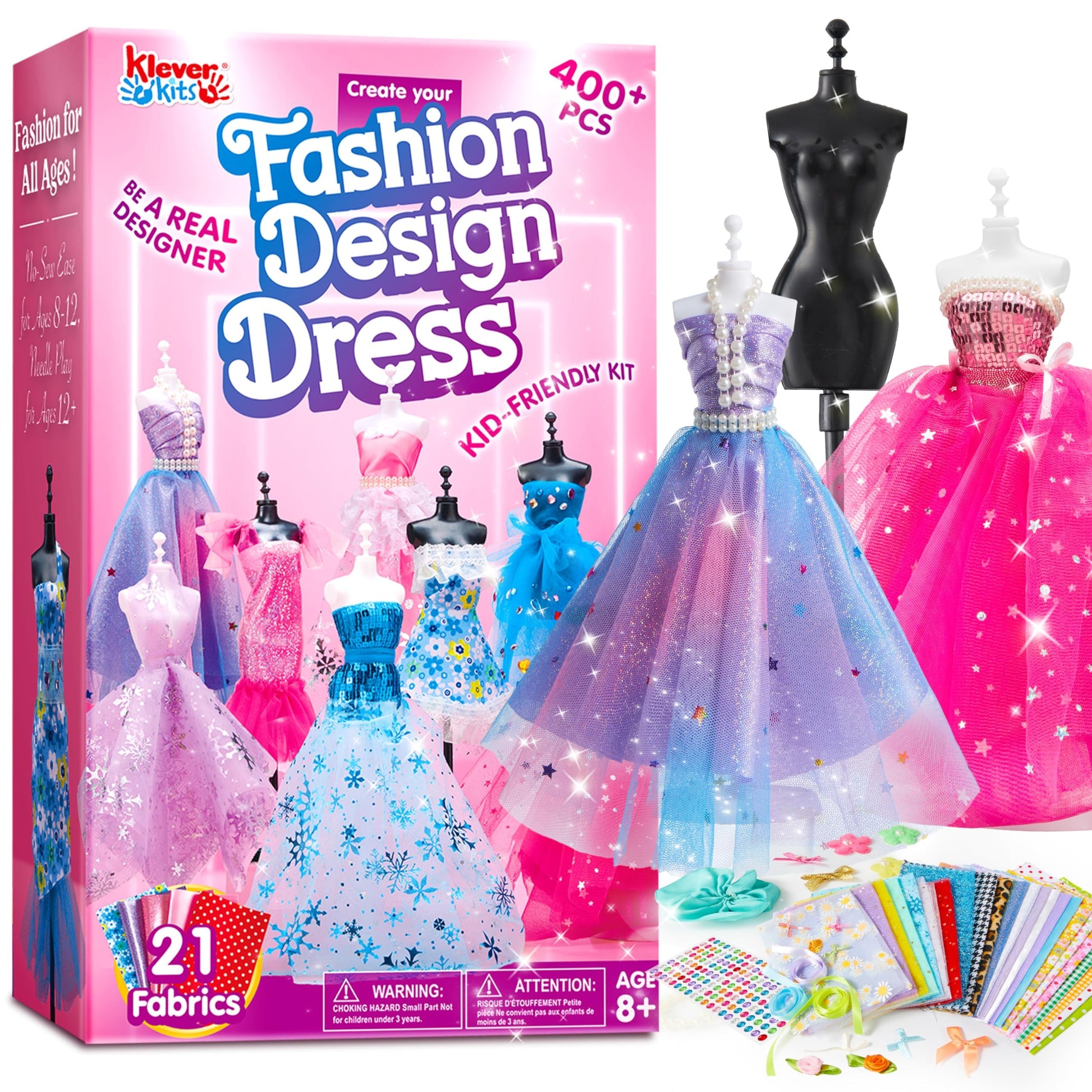 Klever Kits 400+PCS Fashion Design Crafts for Kids, Art and Crafts, DIY Sewing Kits with 3 Mannequins for Girls Aged 8-12, Birth