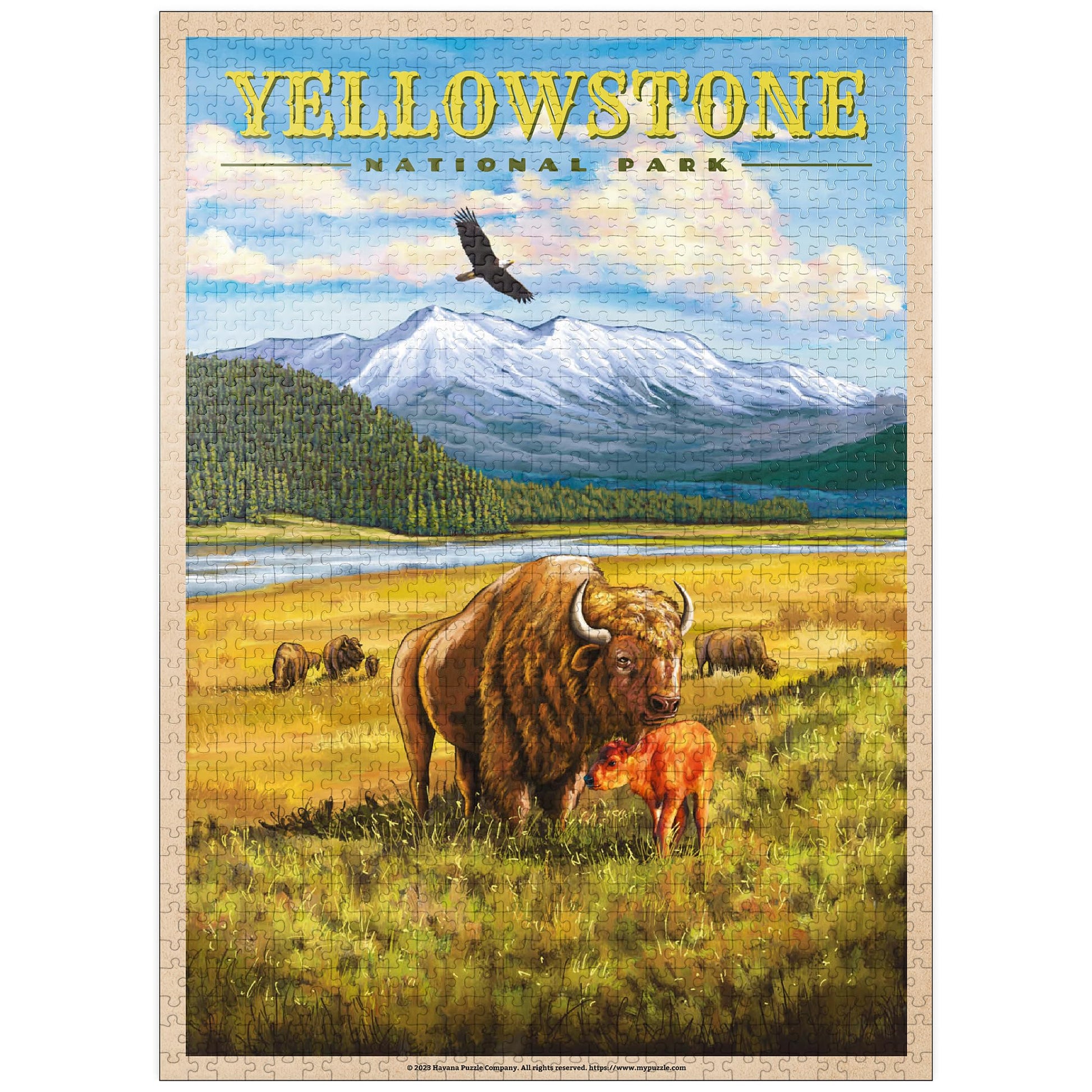 MyPuzzle Yellowstone National Park - Hayden Valley Bisons  Vintage Travel Poster - enhanced 1000 Piece Jigsaw Puzzle for mature-themeds