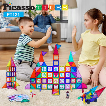 PicassoTiles 121 pc Master Builder Magnetic Building Block Construction Set Magnet Tiles Blocks with Car Truck, 2 Character Acti