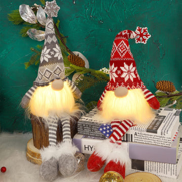 Juegoal 2 Pack Lighted Christmas Gnomes with Dangling Legs  19.5Inch Handmade Scandinavian Swedish Tomte  Battery Operated Winter Tabletop Christmas Decorations Collectible Figurines
