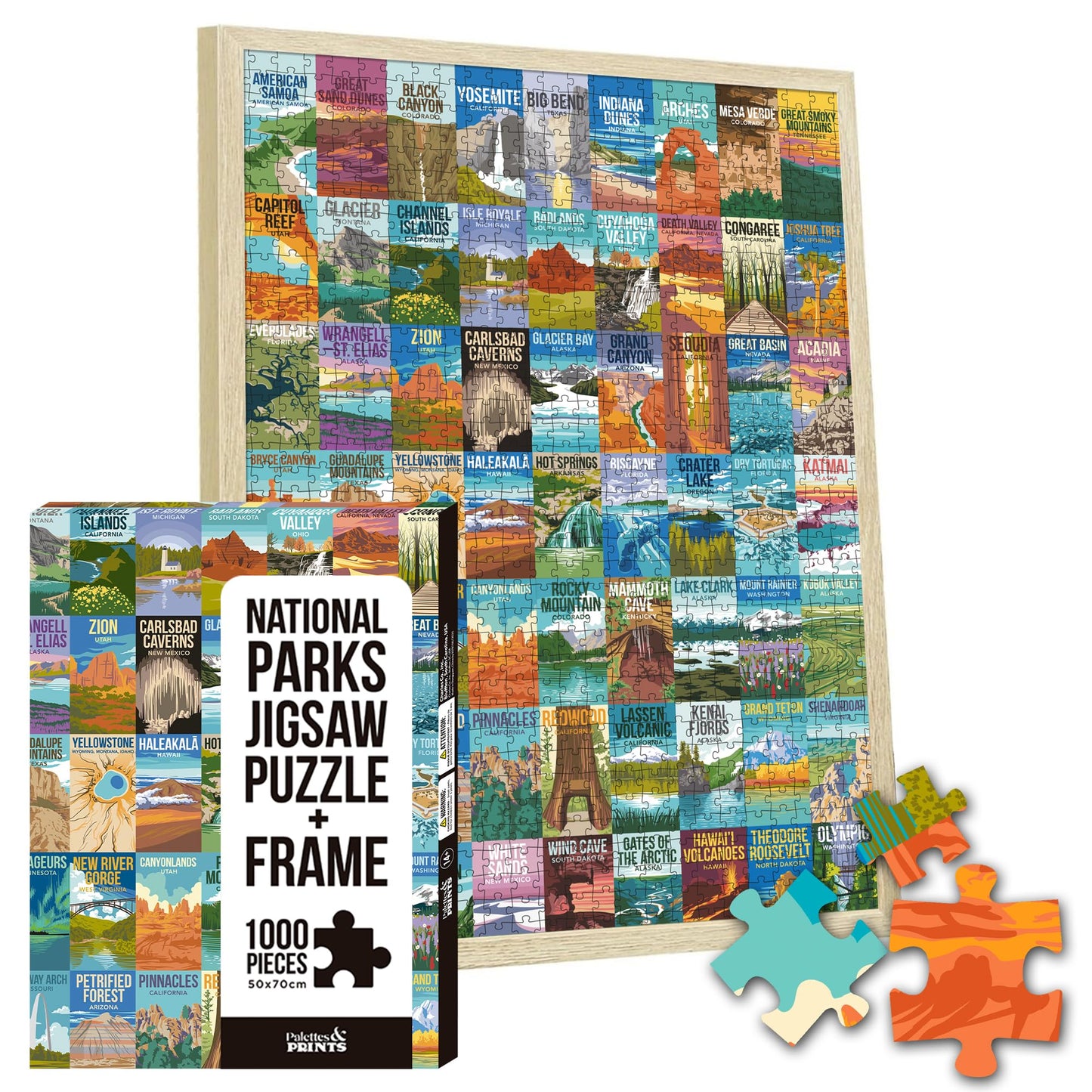 National Parks Puzzle for Adults with Frame 1000 Pieces, Hand-Drawn Illustrations of National Parks, Zion, Yellowstone, Yosemite
