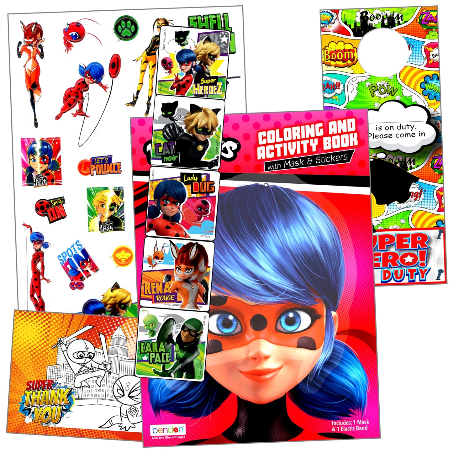 Miraculous Ladybug and Cat Noir - Activity Bundle - Miraculous Ladybug Stickers, Coloring Book, 2-Sided Door Hanger