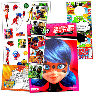 Miraculous Ladybug and Cat Noir - Activity Bundle - Miraculous Ladybug Stickers, Coloring Book, 2-Sided Door Hanger
