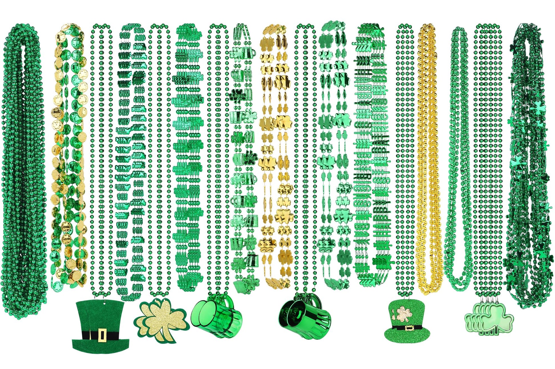 Fovths 100 Pieces St Patrick'S Day Beads Necklaces Bulk 18 Kinds Of Pendants Green Shamrock Coins Hat St Patricks Beads Necklace