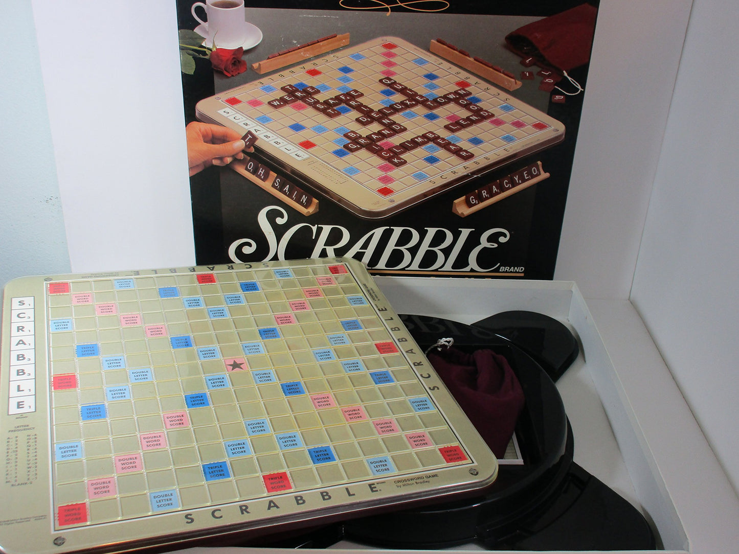 Milton Bradley Deluxe Turntable Scrabble 1989 Edition - Brown Wood - Model 4034