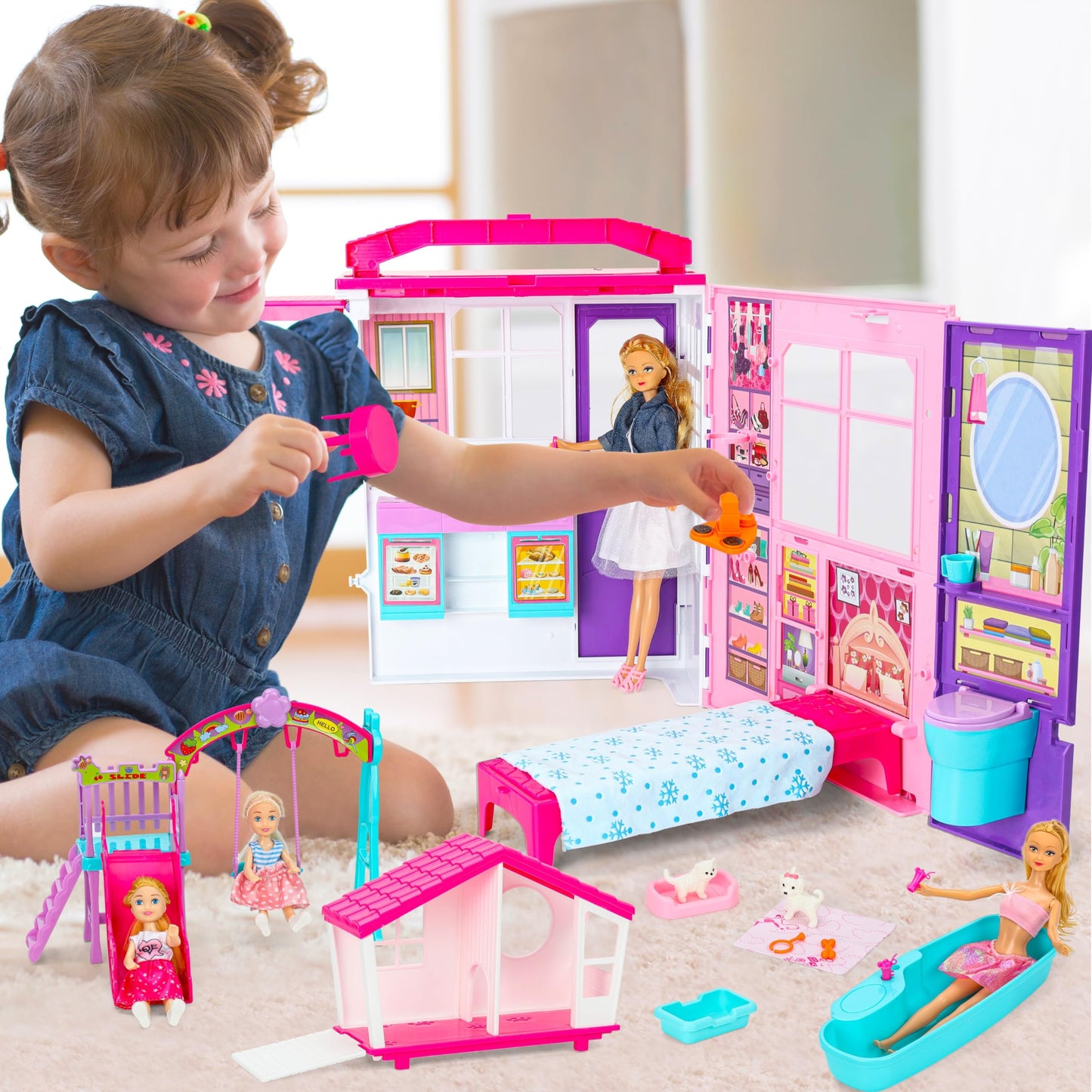 Style Shine Doll House Portable & Foldable Dollhouse W/ 60+ Pcs & 2 Dolls, Play House Toy With Bedroom Bathroom Kitchen Furnitur