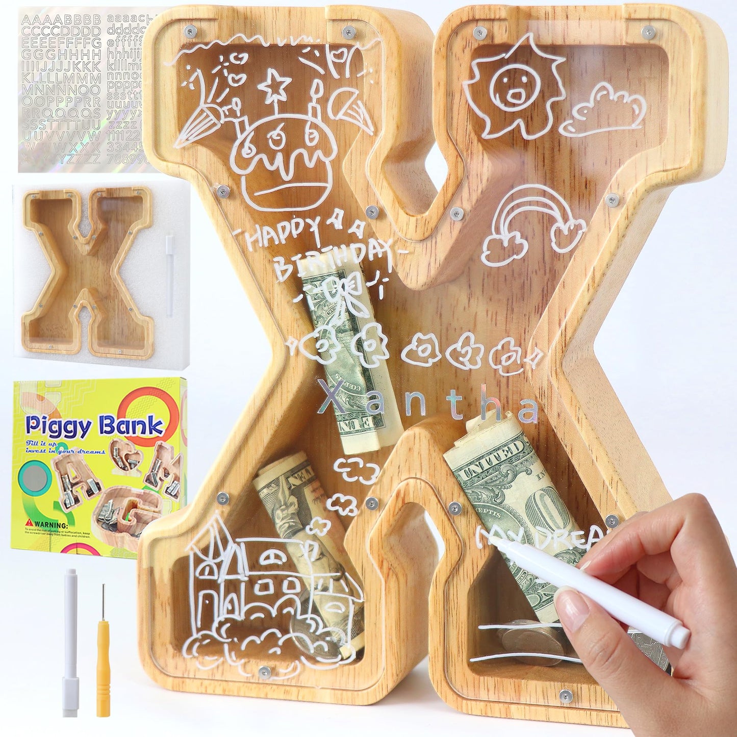 weallbuy Large Letter Piggy Bank for Kids Boys Girls Wooden Personalized Piggy Banks A-Z with Target Area Clear Alphabet Banknote Coin Banks for Gift Decoration Baptism (X)