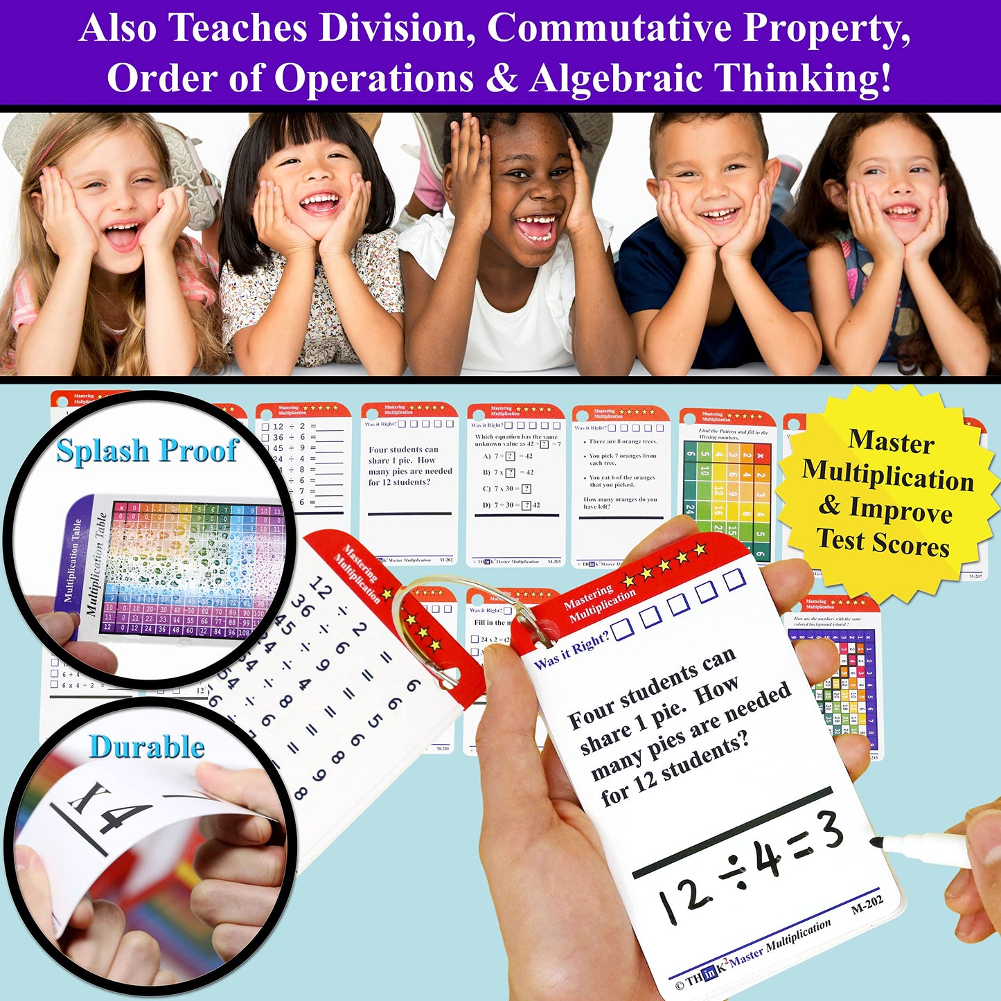 THINK2MASTER Multiplication Flash Cards - 215 Laminated Cards, 2 Dry Erase Markers, 5 Rings, Designed by a Teacher for Test Success
