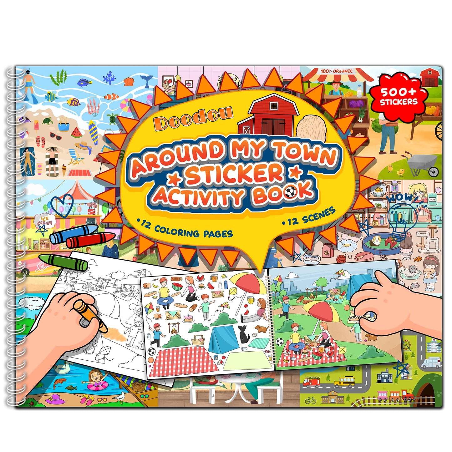 500Pcs+ Stickers/Coloring Book For Toddlers 2-4, Around My Town Stickers Book 12 Scenes,12 Coloring Pages Air Plane Activity For