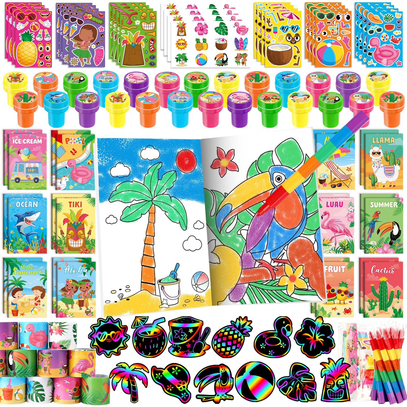 BenLouis 96Pcs Hawaiian Luau Party Favors Aloha Summer Tiki Theme Coloring Books Crayons Sticker Set Bulk for Kids Beach Pool Bi