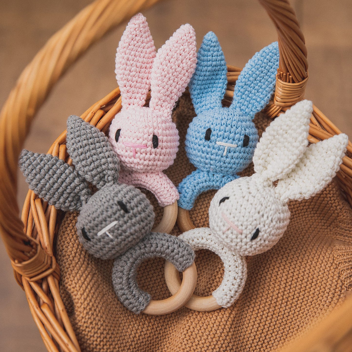 Wooden Teether Crochet Baby Rattle, Crochet Baby Toys, Organic Wooden Newborn Toys, Newborn Animal Rattle Toys,Knitted Stuffed Animals Gifts For Baby, Pink Bunny
