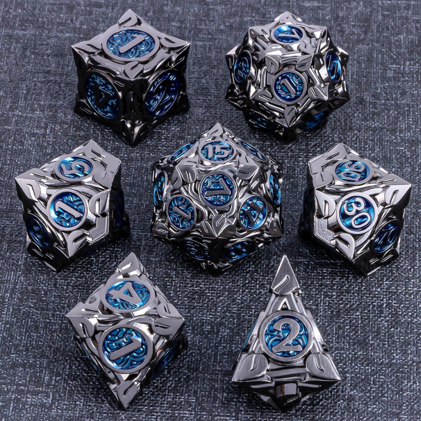 Kerwellsi Metal Dnd Dice Set D&D, 7Pcs Nature Vines Leaf Dungeons And Dragons Role Playing Dice With Gift Box, Black Blue Polyhe