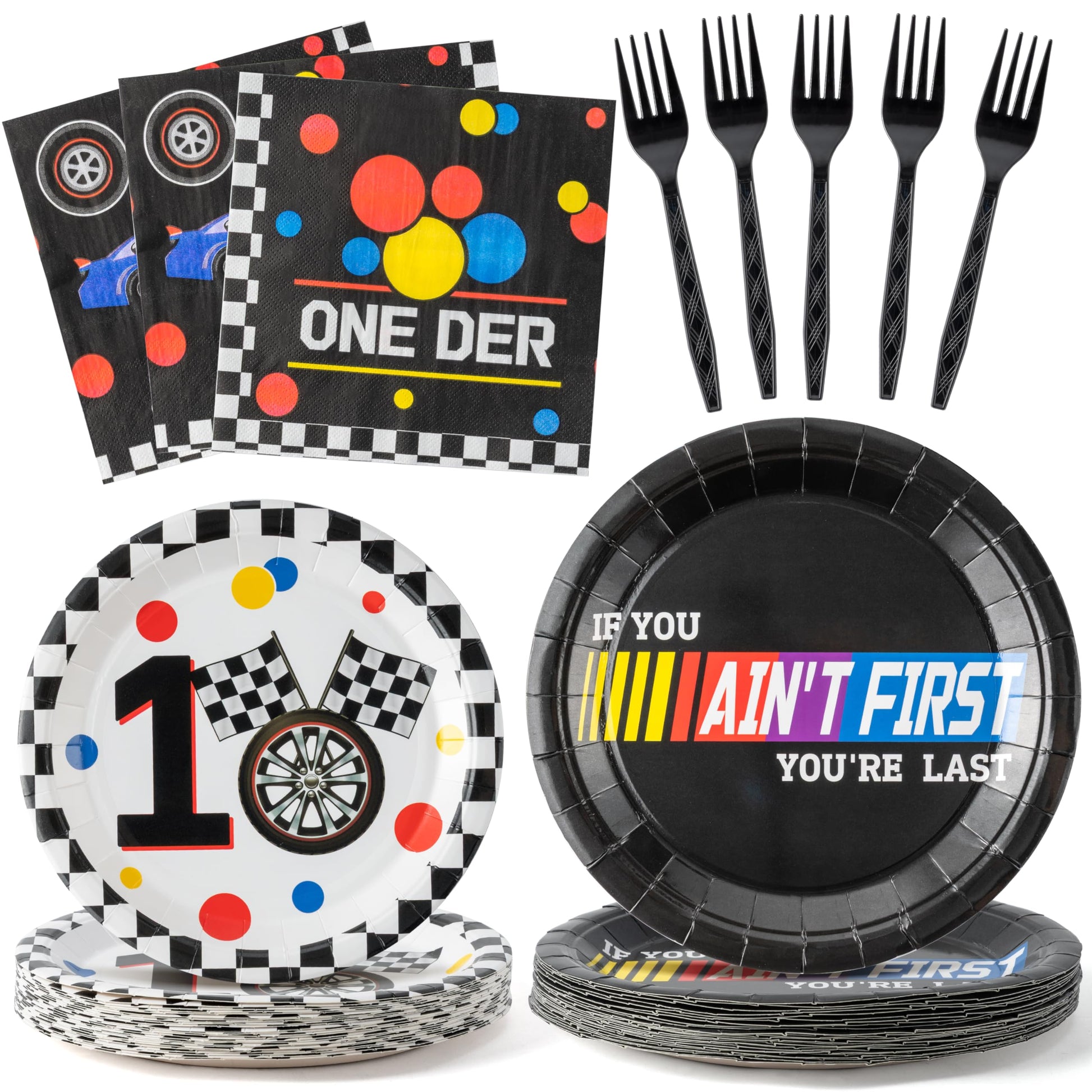 Andi Cppss Racing Car First Birthday Party Supplies - 96pcs Paper Plates Napkins Forks Kids 1st Birthday Party Table Decorations