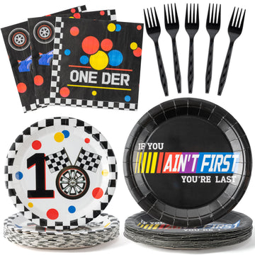 Andi Cppss Racing Car First Birthday Party Supplies - 96pcs Paper Plates Napkins Forks Kids 1st Birthday Party Table Decorations