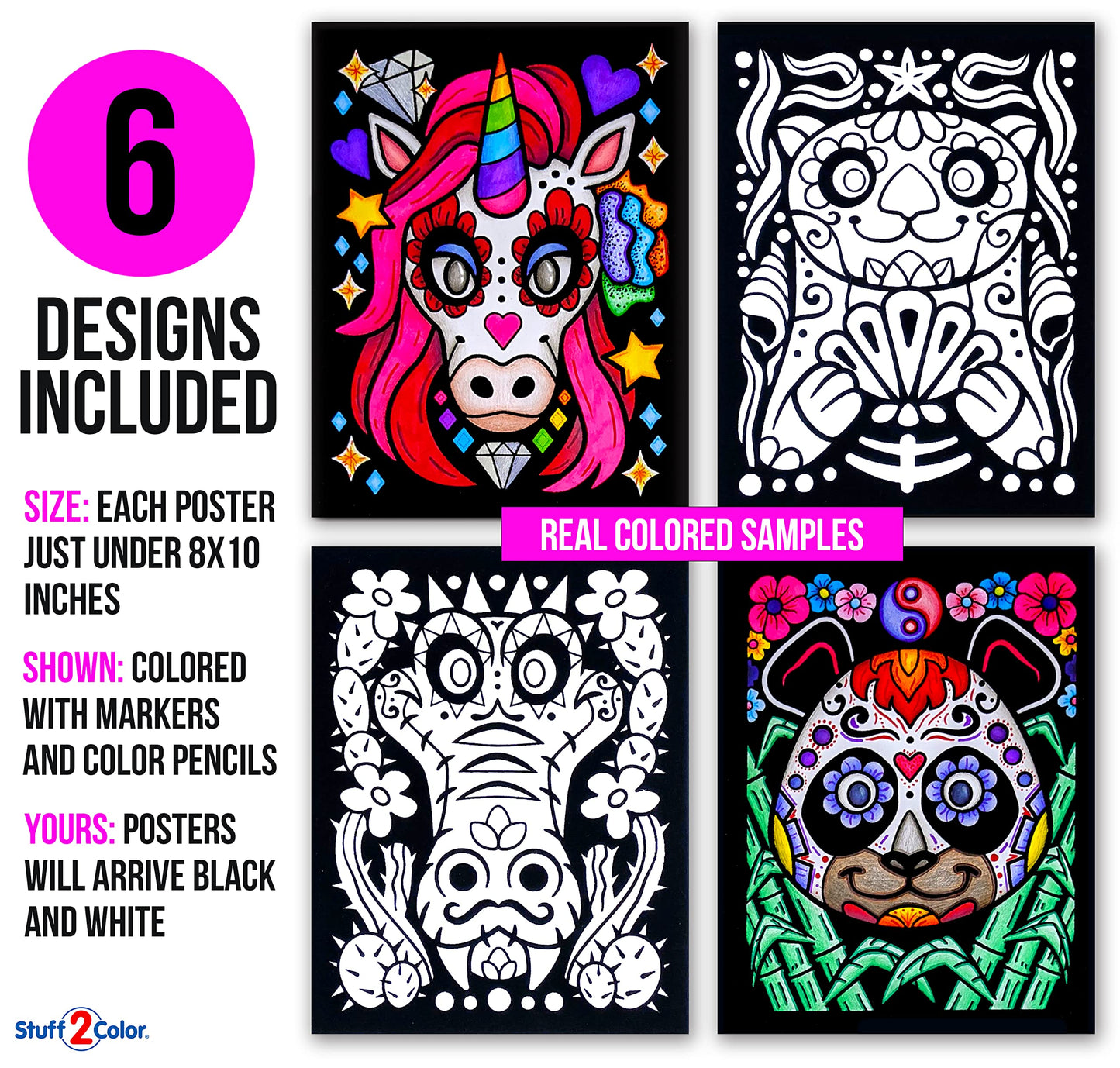 Stuff2Color Amazing Animals - 6 Pack of Fuzzy Black Velvet Coloring Posters - (Great for Kids, Adults, Group Activities) - Inclu