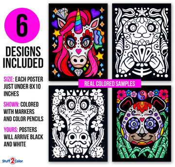 Stuff2Color Amazing Animals - 6 Pack of Fuzzy Black Velvet Coloring Posters - (Great for Kids, Adults, Group Activities) - Inclu