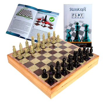 Stonkraft Handcarved Chess Board With Wooden Base - Stone Inlaid Work - Chess Game Board Set