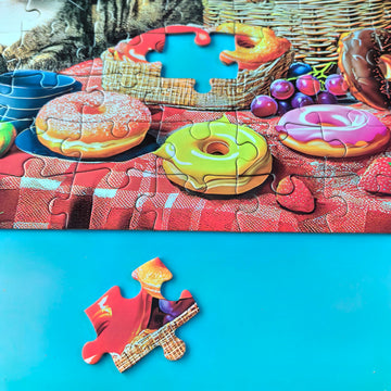 100 Pieces Jigsaw Puzzles For Adults - Cat Puzzles For Kids Ages 6-8 8-10 10-12 - Picnic Kittens And Donuts