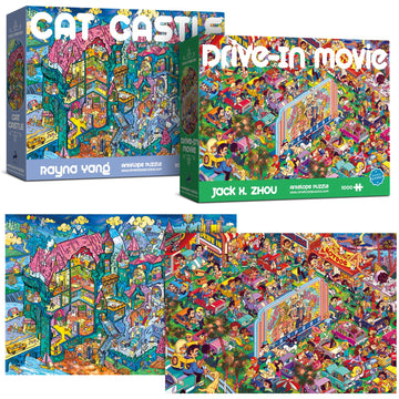 Antelope 2 In 1 1000 Piece Puzzle Bundle - Cat Castle - 1000 Piece Jigsaw Puzzle Bundle With Drive In Movie - 1000 Piece Jigsaw Puzzle